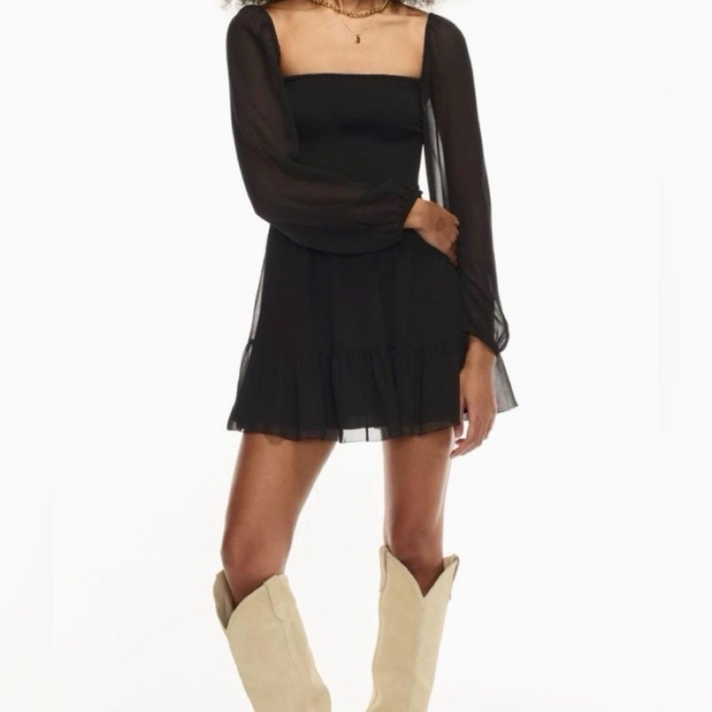 Aritzia Wilfred New Tempest Smocked Chiffon Black Mini Blouson Dress — Small - Picture 2 of 14